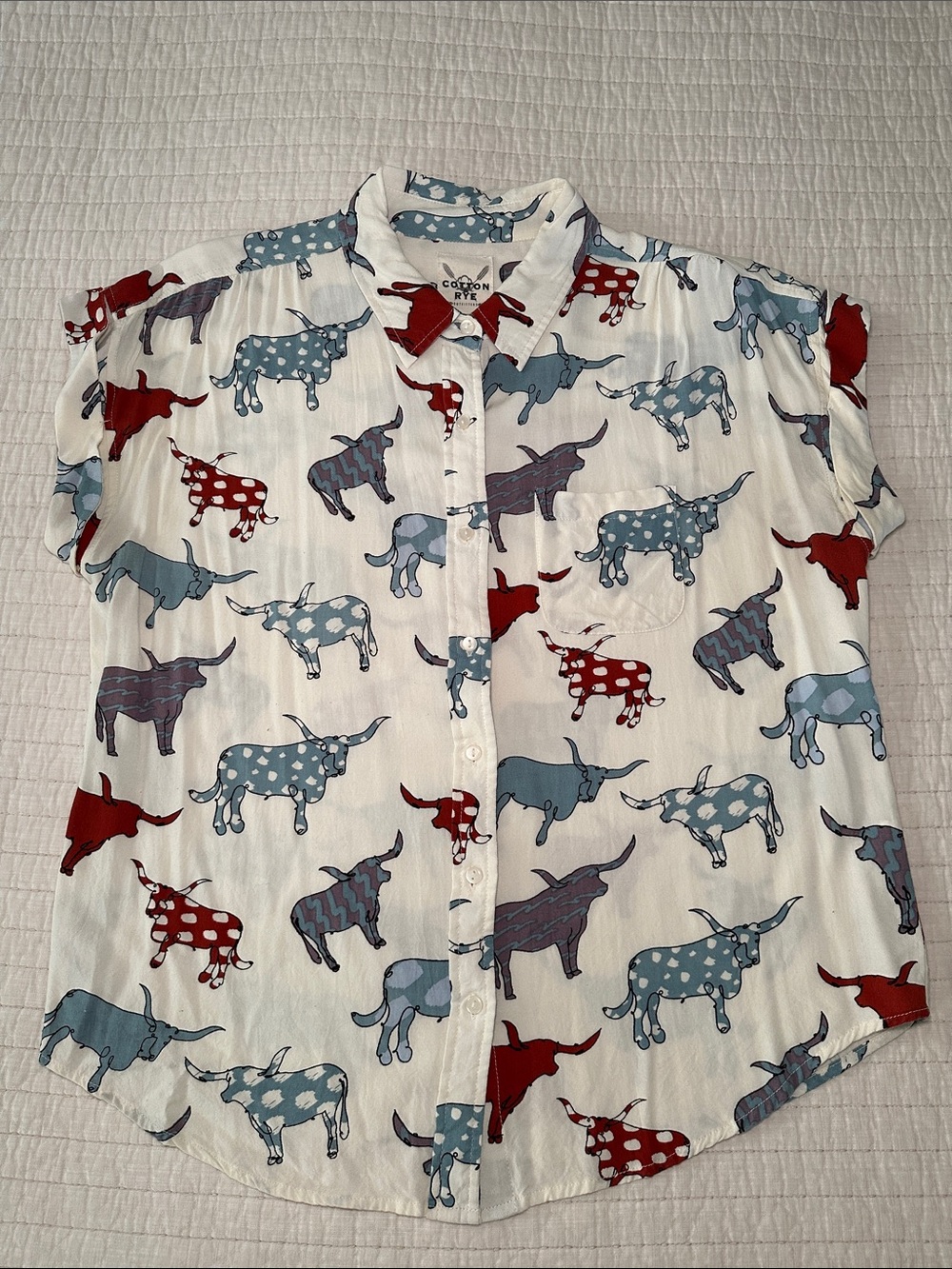 Women's White Short-Sleeve Button-Up Blouse with Red & Blue Bull Print